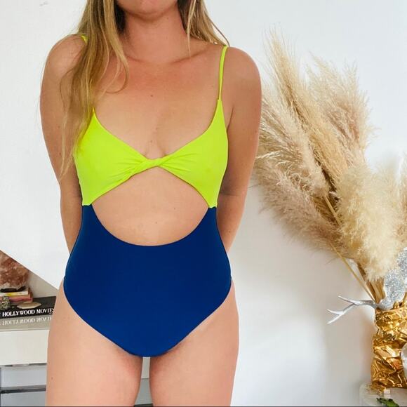BEACH RIOT Blue Green Two Tone Cutout One Piece Tankini Swimsuit Swim Tank M - Picture 1 of 7